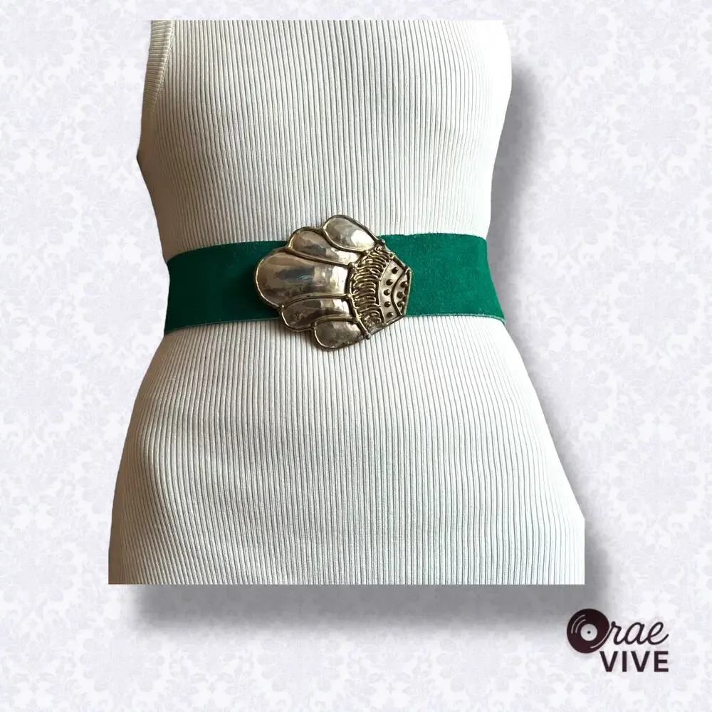 Vintage Boho Gold Shell Buckle Green Leather Statement Belt